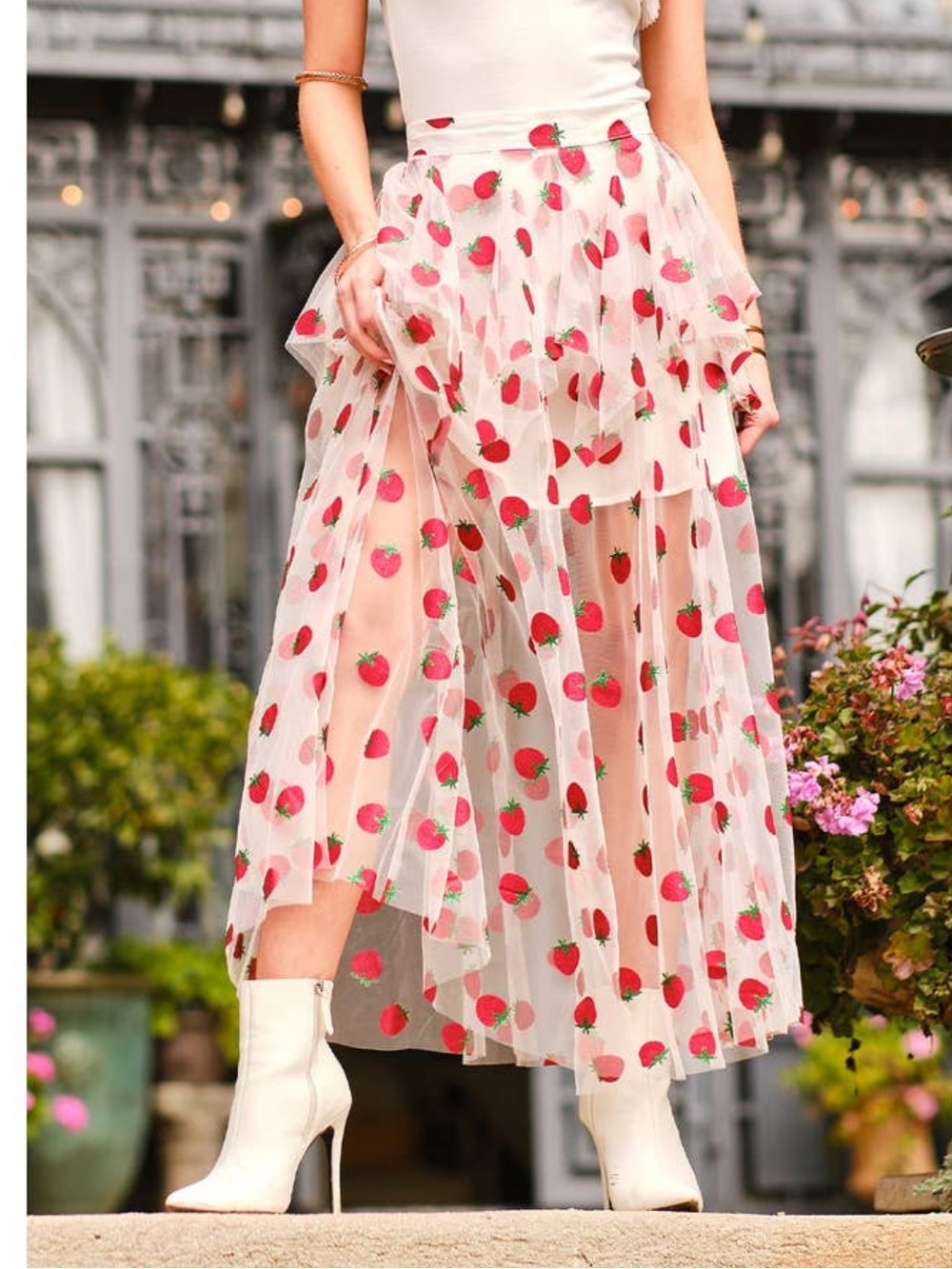 Strawberry Print Sheer Layered Maxi Skirt 🍓